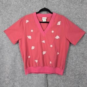 VTG Bon Worth Shirt Women Small Petite Pink Embroidered Flowers Boxy Crop V Neck